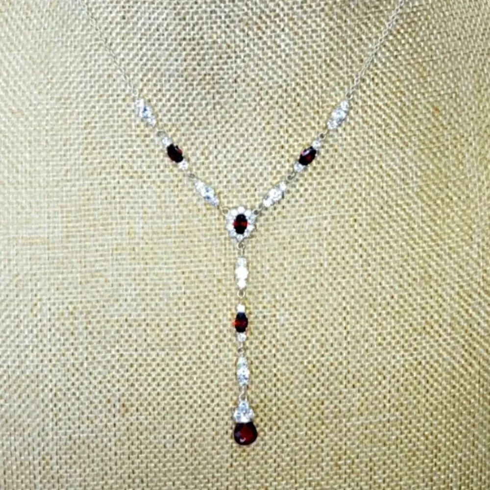 925 Silver Cubic Zirconia & Almandine Garnet Formal Necklace